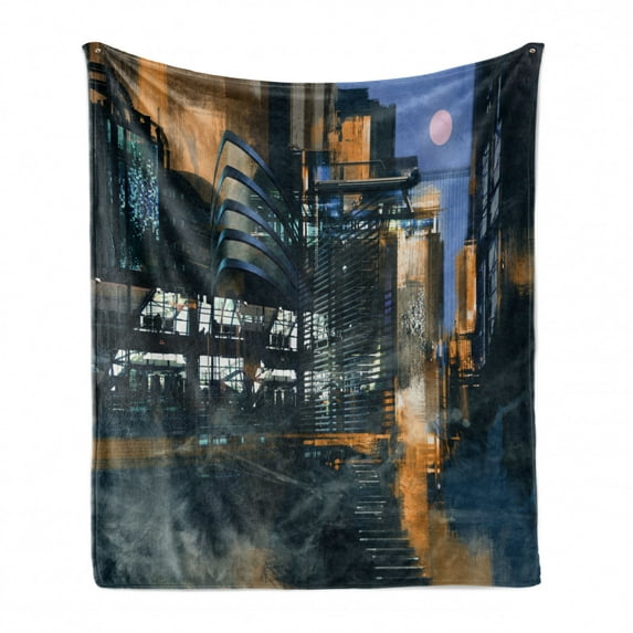 Futuristic Soft Flannel Fleece Blanket, Digital Paint Science Fiction Cityscape Architecture Cyberpunk Technology, Cozy Plush for Indoor and Outdoor Use, 60" x 80", Black Orange Blue, by Ambesonne