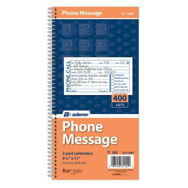 Adams Phone Message Book, Carbonless Duplicate, 5.50 x 11 Inches, 4