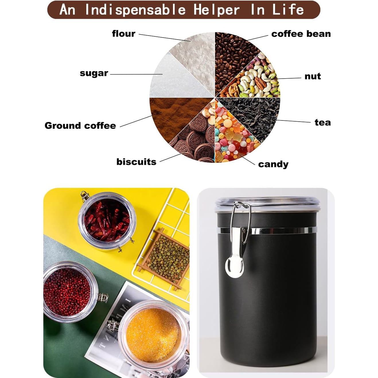 4 Pack Stainless Steel Food Container with Clear Lids Airtight Container Stackable Canisters Kitchen Pantry Storage for Cereal, Snacks, Candy, Herbs, Spices, Sugar, Tea (1.8L Black)