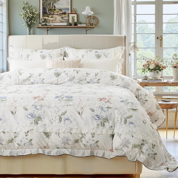 Ruffle Duvet Cover Queen Size 100% Cotton Green Floral Duvet Cover Sets Aesthetic Vintage Farmhouse Ruffled Bedding Set with Zipper Closure 3 Pieces Ultra Soft Breathable Comforter Cover