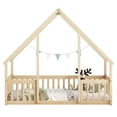 thumbnail image 3 of URTR Twin Size Montessori House Floor Bed with Fence Rails, Solid Wood Twin House Bed Frame for Bedroom, Playhouse, Natural, 3 of 8