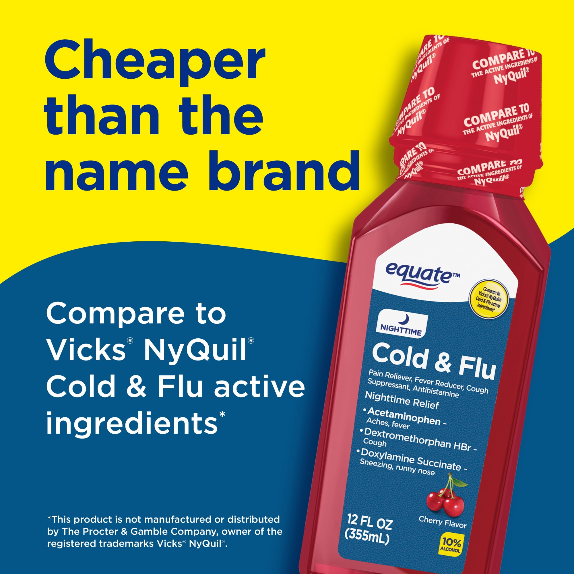 Equate Nighttime Cold and Flu Relief Liquid, Cherry Flavor, 12 Fl Oz, Compare to Vicks® NyQuil® Cold & Flu Active Ingredients