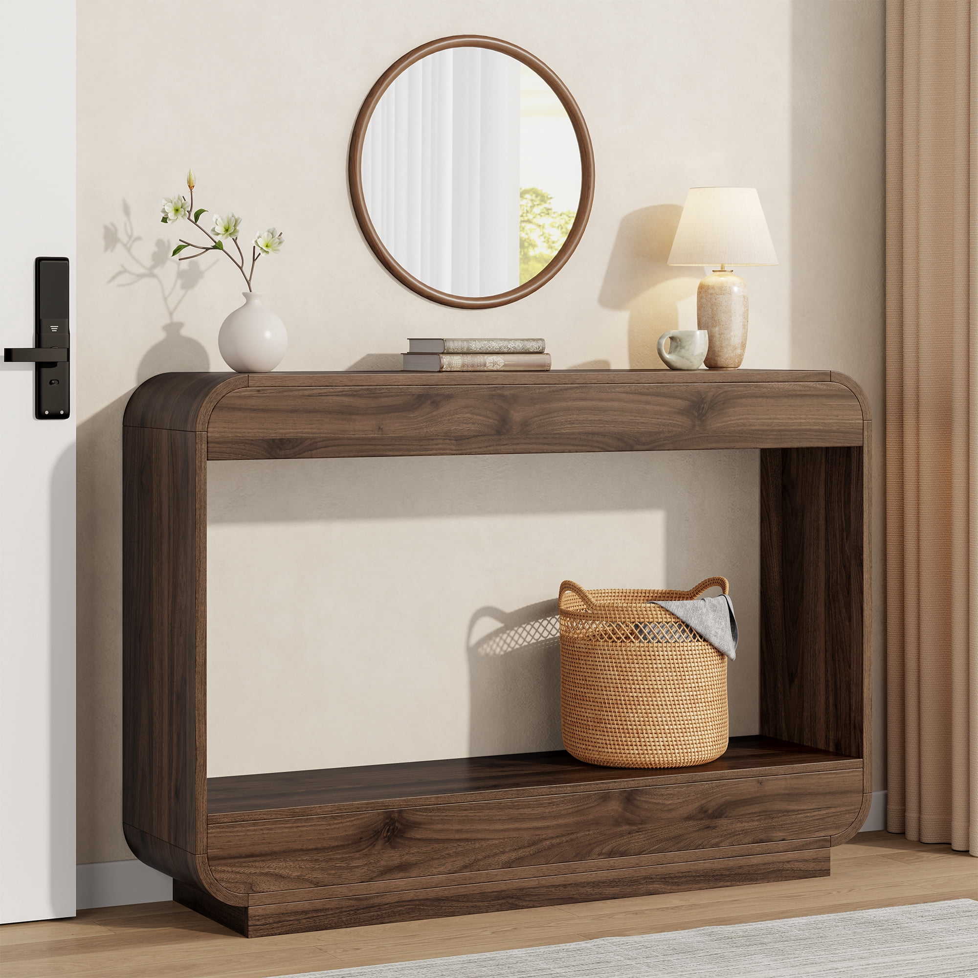 Laintene Console Table, 43" Curved Entryway Table, Wood Sofa Tables Behind Couch with Open Shelf, Entry Table for Entrance, Hallway, Living Room, Walnut
