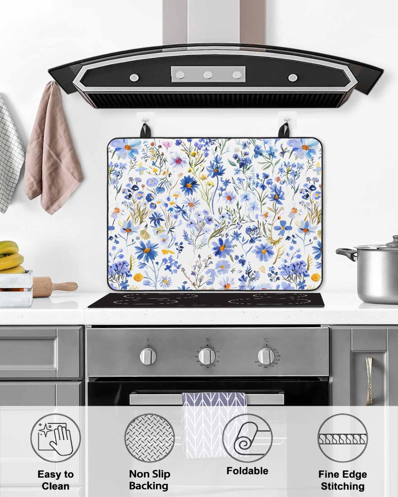 nqOlkjepod Large Induction Cooktop Protector Mat 31"x24", Spring Floral Stove Top Covers for Electric Stove, Blue Flowers Farm Pastoral Wildflowers Stove Burner Cover Mats, Glass Top Stove Cover