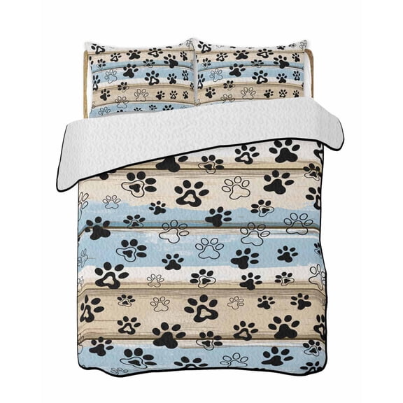 Blue Dog Paw Print Summer Quilt Set Full Size,Soft Quilted Bedding Set with 2 Pillow Shams,Vintage Farmhouse Rustic Wooden Grain Lightweight All Season Bedspread Coverlet for Bedroom 78"x90"