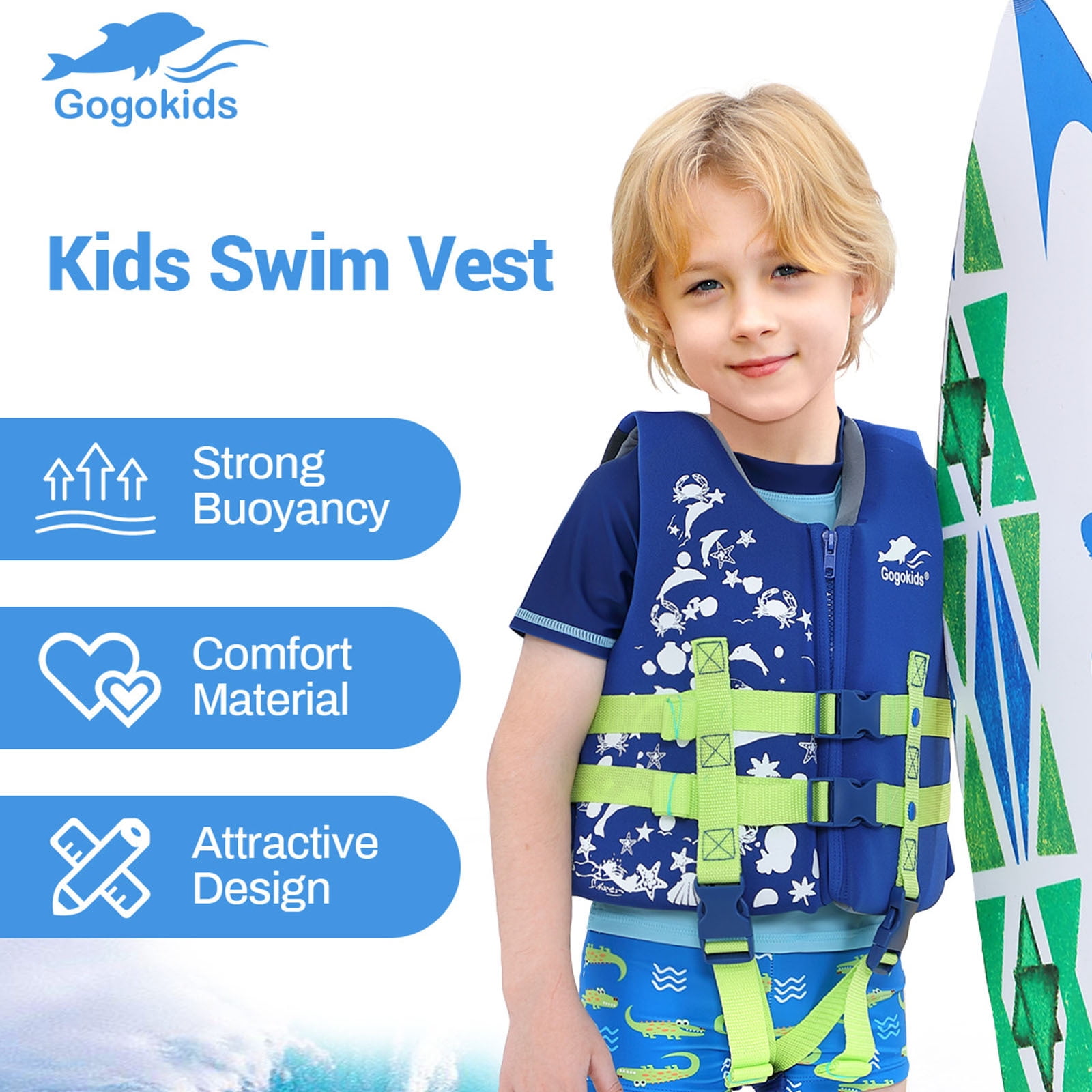 Kids Swim Vest Life Jacket - Boys Girls Float Swimsuit Buoyancy Swimwear 30 to 50 lbs, Blue