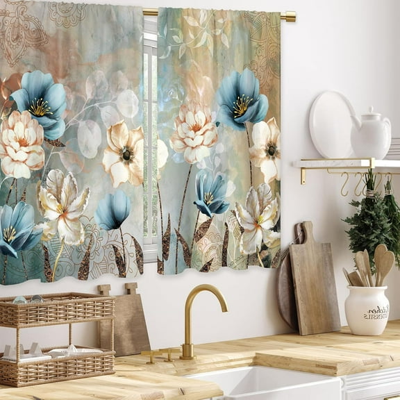 Boho Teal Flower Kitchen Curtains Rustic Lotus Floral Mandala Bathroom Curtains Window Treatment Drapes Tier Blue Country Cafe Small Bedroom Short French Door Curtains 2 Panels 28x40 Inch