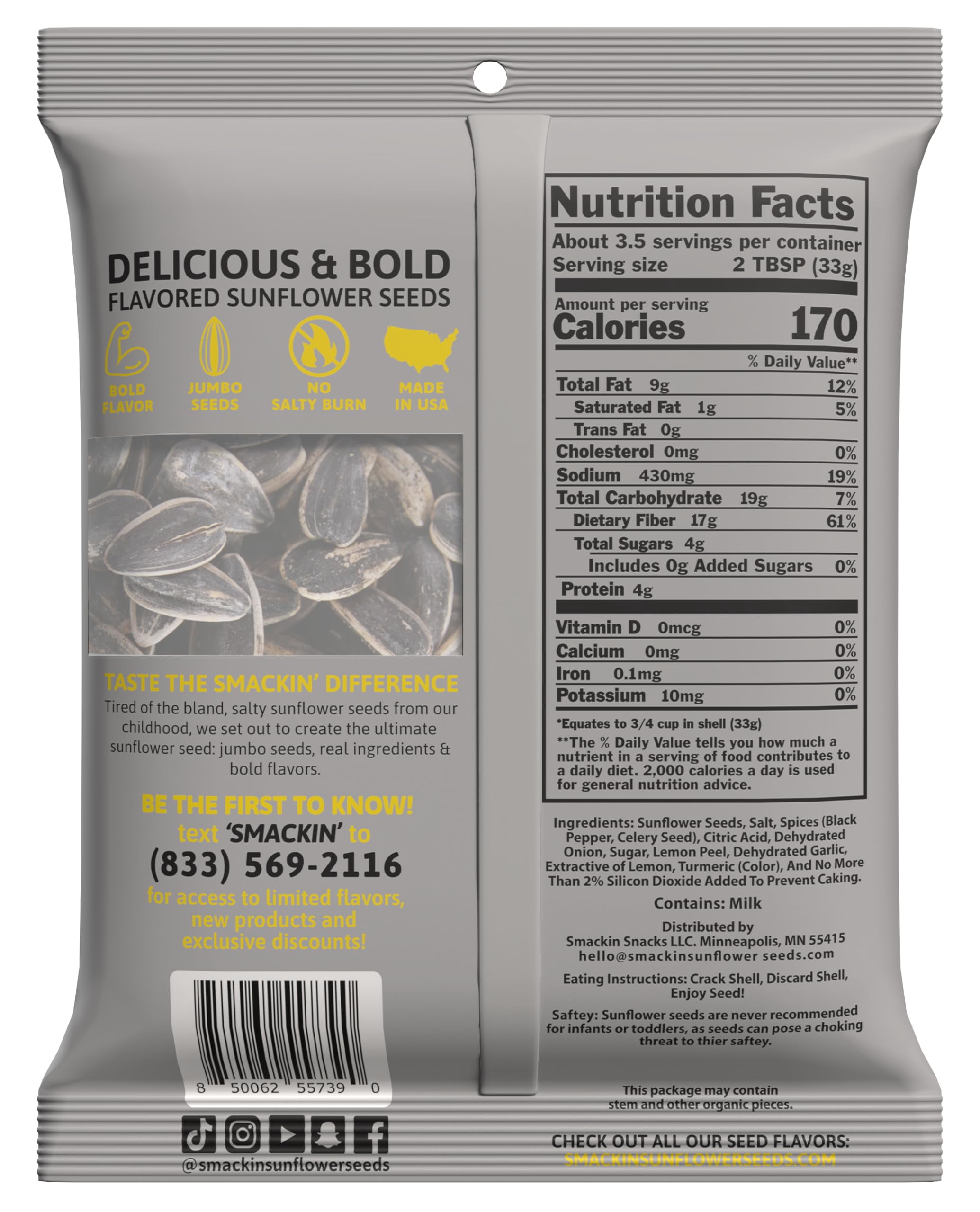 SMACKIN' - Jumbo Roasted Sunflower Seeds, No Salty Burn, American Made, Easy Pour & Seal - Lemon Pepper, 4oz bag (12 Bags)