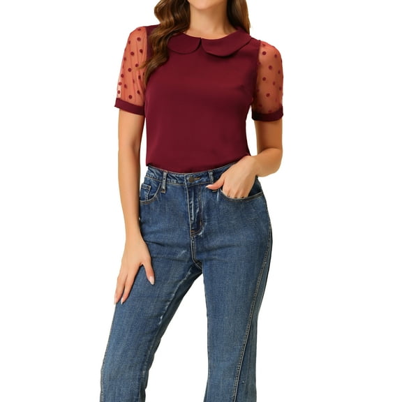 Unique Bargains Women's Polka Dots Mesh Short Sleeve Peter Pan Collar Blouse M Wine Red