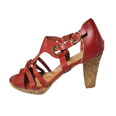 

OAVQHLG3B Women s Retro Open Toe Metal Buckle Thick High Heel Buckle Roman Sandals