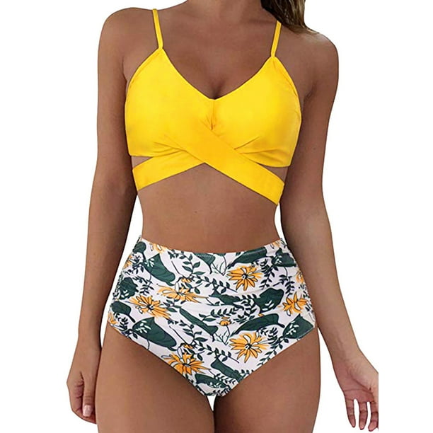 Sunloudy - Traje de baño de dos piezas para mujer, tops de bikini con tirantes finos de color sólido + bragas de bikini con estampado de leopardo Sunloudy S M L XL XXL