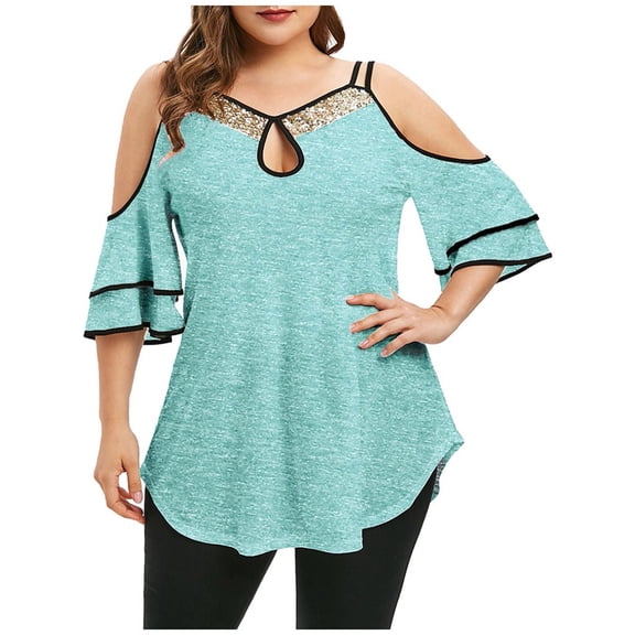 Pntutb Womens,Plus Size Women's Summer Casual Strap Leaky Shoulder Sequin Short Sleeve T-Shirt