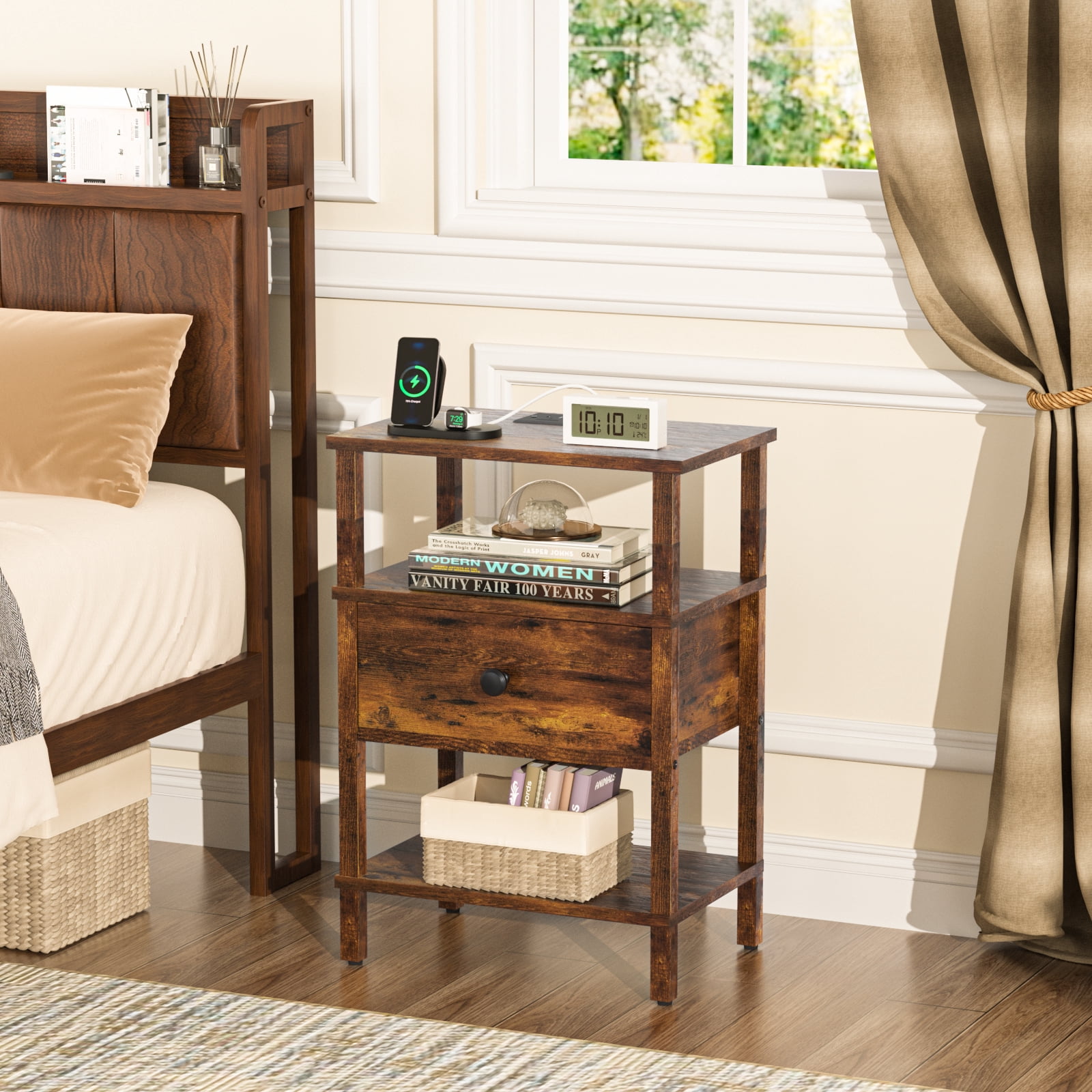 LEYAOYAO 3-Tier Side Table with Charging Station, End Table with 2 Outlets & 2 USB Ports, for Living Room, Rustic Brown