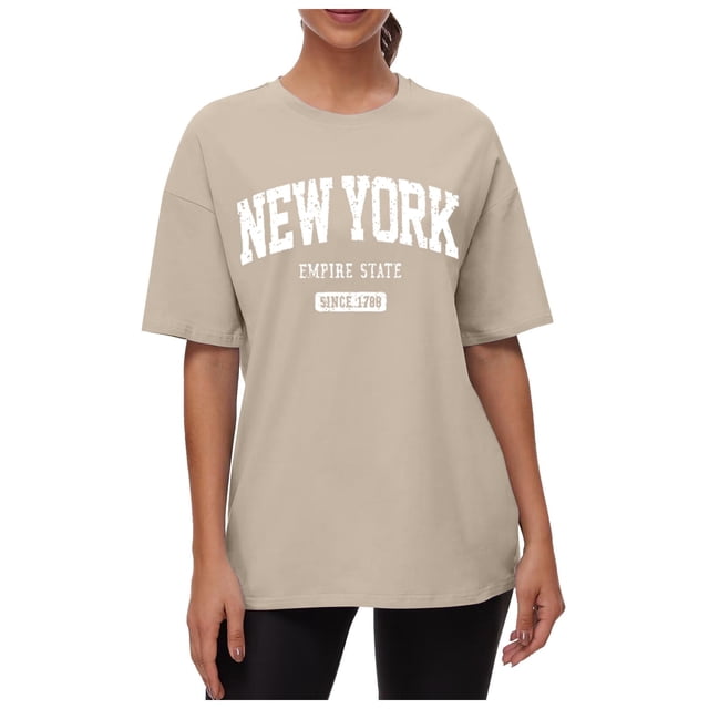 Camiseta estampada de cuello redondo y hombros caídos para mujer: camiseta informal con diseño gráfico, diseño de transferencia térmica, fácil de combinar con vaqueros