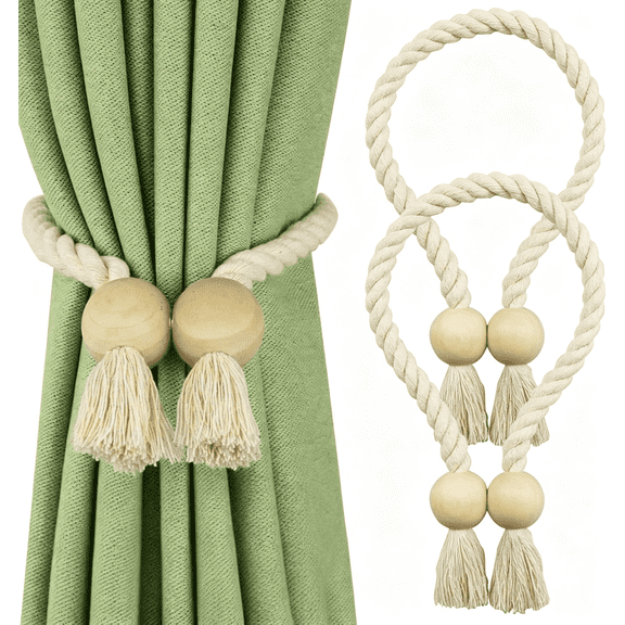 Cotton Magnetic Curtain Tiebacks 2 Pack, Hand Woven Rope Holdbacks for Window Drapes, No Tools Decorative Drape Tie Backs for Home Patio, Beige