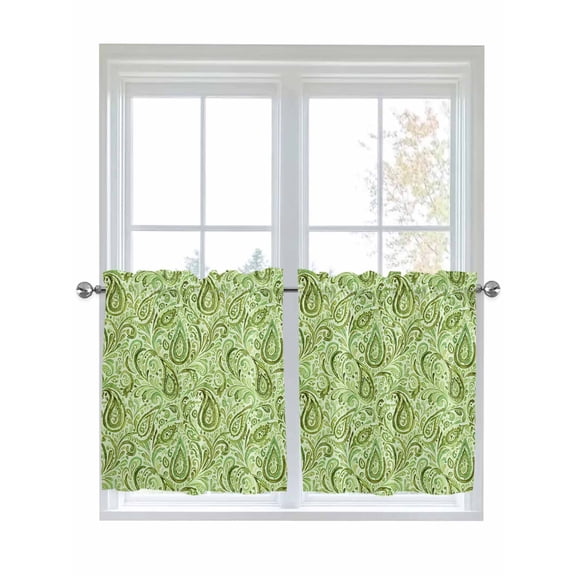 Vintage Green 2 Panel Kitchen Curtains for Small Windows, Retro Botanical Abstract Art Bathroom Tier Curtain, Short Window Treatment for Bedroom/Living Room 55"x24"
