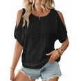 thumbnail image 3 of Women'S Cold Shoulder Eyelet Tops Crew Neck Batwing Sleeve T-Shirts Textured Knit Black L, 3 of 9