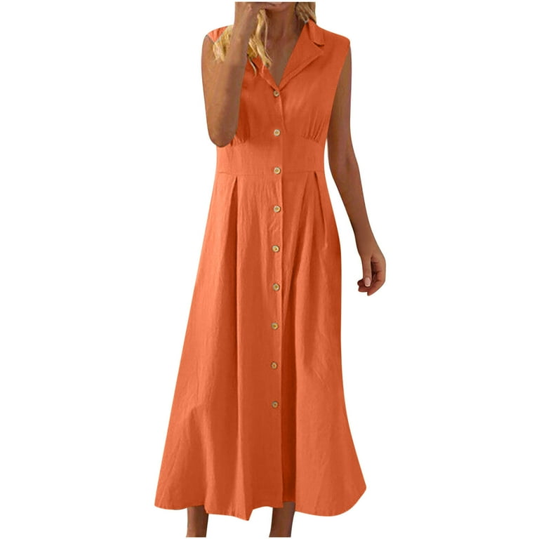 Lovskoo Women's Summer Sleeveless Button Down Cotton Tank Dress Solid Color Causal Loose A-Line Tiered Tunic Beach Dress Orange, Size: 2XL
