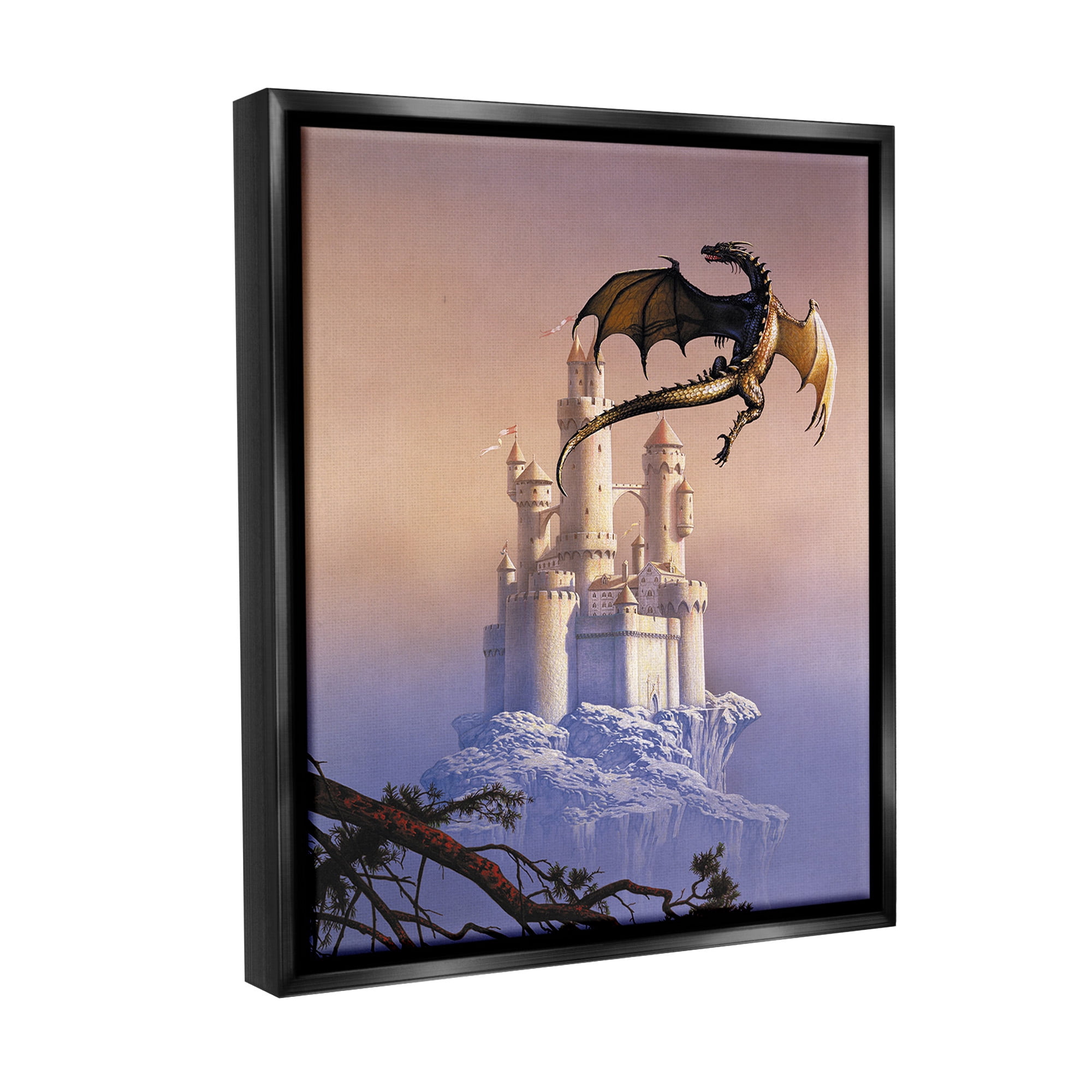 Stupell Industries Magical Dragon & Castle Fairy Tales & Fantasy Painting Black Floater Framed Canvas Art Print Wall Art, 25 x 31