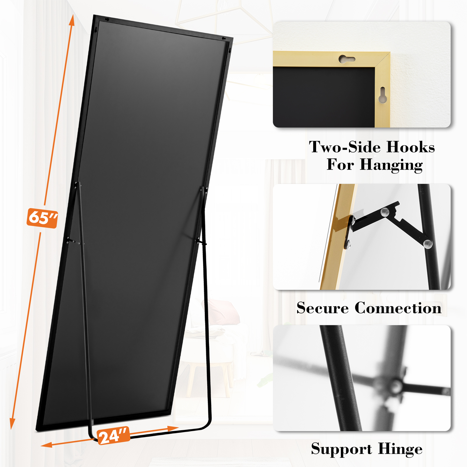 Gianna 65"x24" Full-Length Mirror with Aluminum Alloy Frame, Standing Design for Bedroom, Gold