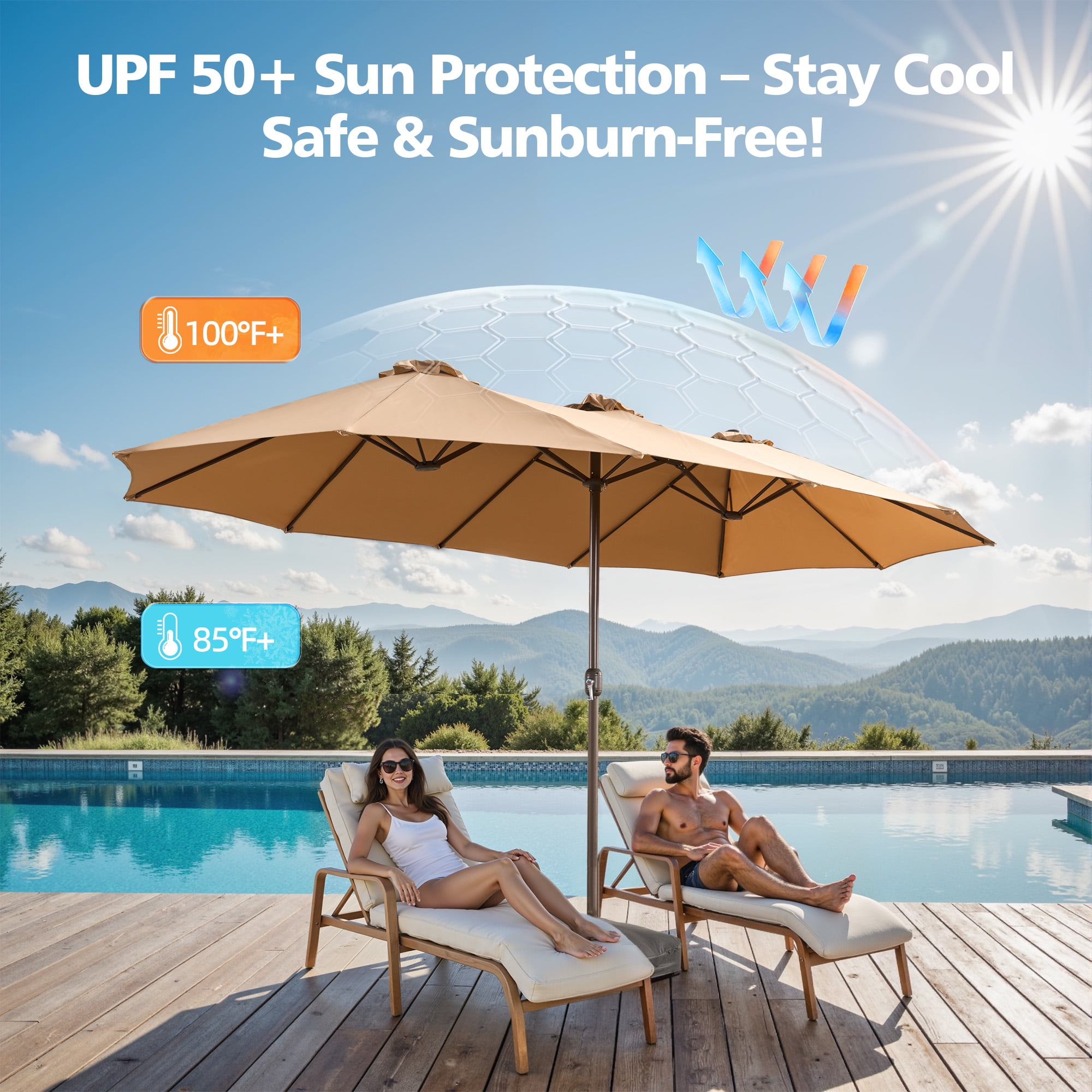Toject 15ft Large Patio Umbrellas, Double-Sided Outdoor Market Rectangle Umbrellas, Extra Pool Umbrellas for Deck, Backyard, Outside (Tan, Base Included)