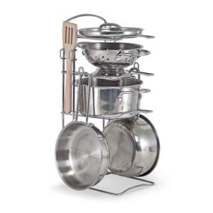 Melissa & Doug Stainless Steel Pots and Pans Pretend Play Kitchen Set for Kids with Wooden Utensils (8 Pcs)