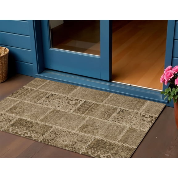 3' X 5' Brown And Beige Patchwork Washable Indoor Outdoor Area Rug