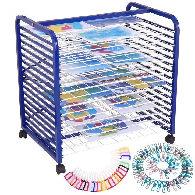 Mobile Art Drying Rack - 16 Removable Metal Shelves, Lockable Wheels, Wall Mount/Tabletop - Paint & Craft Storage Organizer, Includes Clips & Labels, Blue, 26" x 18" x 26" - 16th Floor United States
