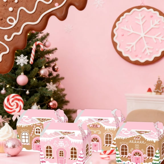 Pink Gingerbread House Decorative Boxes - Foldable DIY Sweet Candy House Design for Holiday Party Decor & Gift Packaging