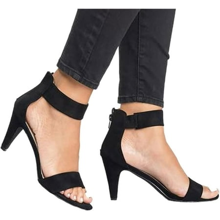 Women s Ankle Strap Stilettos Low Heel Open Toe Sandals Party Dress Shoes FIONA BLACK/NUBUCK Size 8.5
