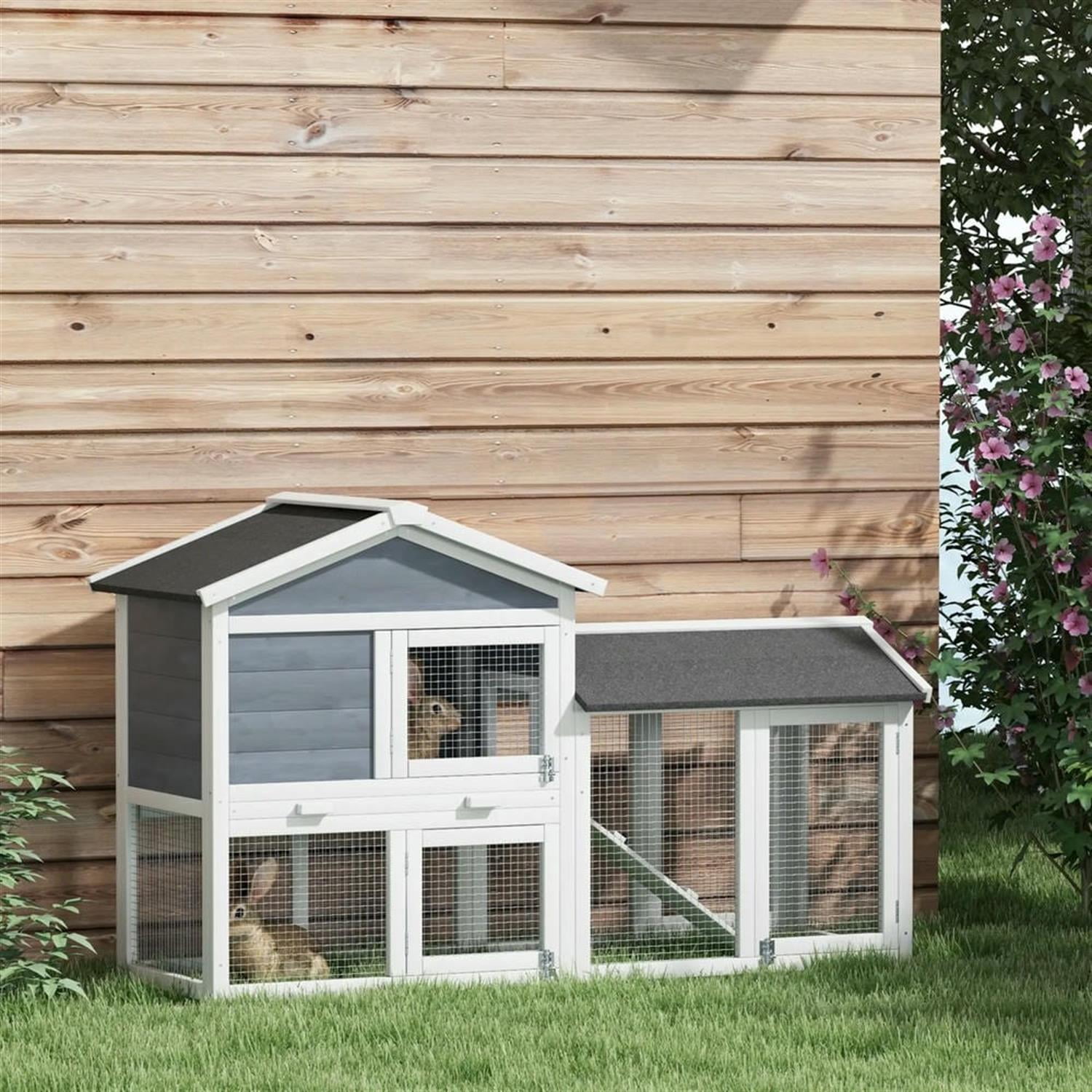 resenkos 58" 2-tier Wooden Rabbit Hutch with Slide-out Tray, Outdoor Small Animal Habitat Chicken Coop Bunny Cage for Bunnies, Guinea Pigs, Gray