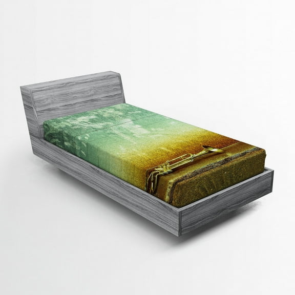 Ambesonne Jazz Fitted Sheet, Jazz Club Trumpet Grungy, Twin XL Size, Teal Beige Mustard