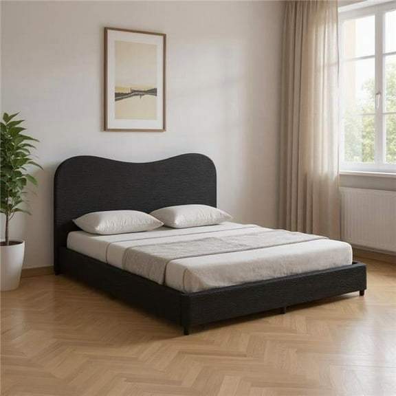 HomeRoots 583185 Black Ribbed Texture Velvet Upholstered King Bed Frame