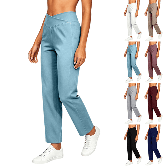 SeekIslan Women's Crossover Yoga Pants V Waist Straight Leg Pants with Pockets for Gym and Casual Daily