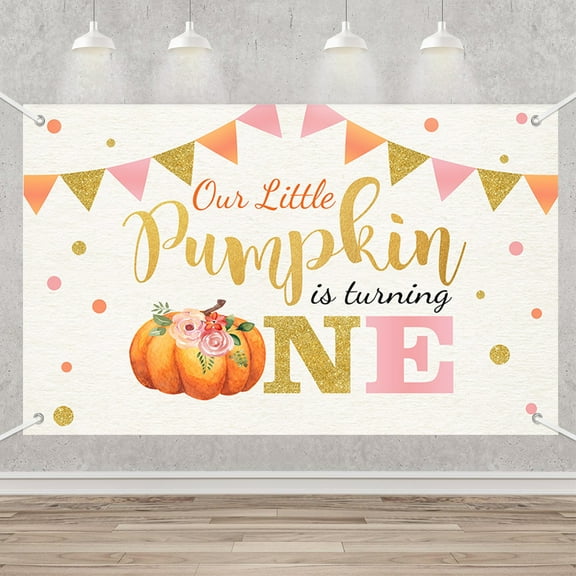 Little Pumpkin One Birthday Party Photo Background Banner Fall Autumn Our Little Pumpkin Girl Happy 1st Birthday Pink Gold Dots Backdrops Props for Cake Table Supplies 5.9x3.6ft