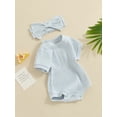 thumbnail image 6 of Yunliwuli Newborn Girl Outfit, Short Sleeve Crew Neck Solid Bodysuit with Bowknot Headband Summer Clothes, 6 of 10