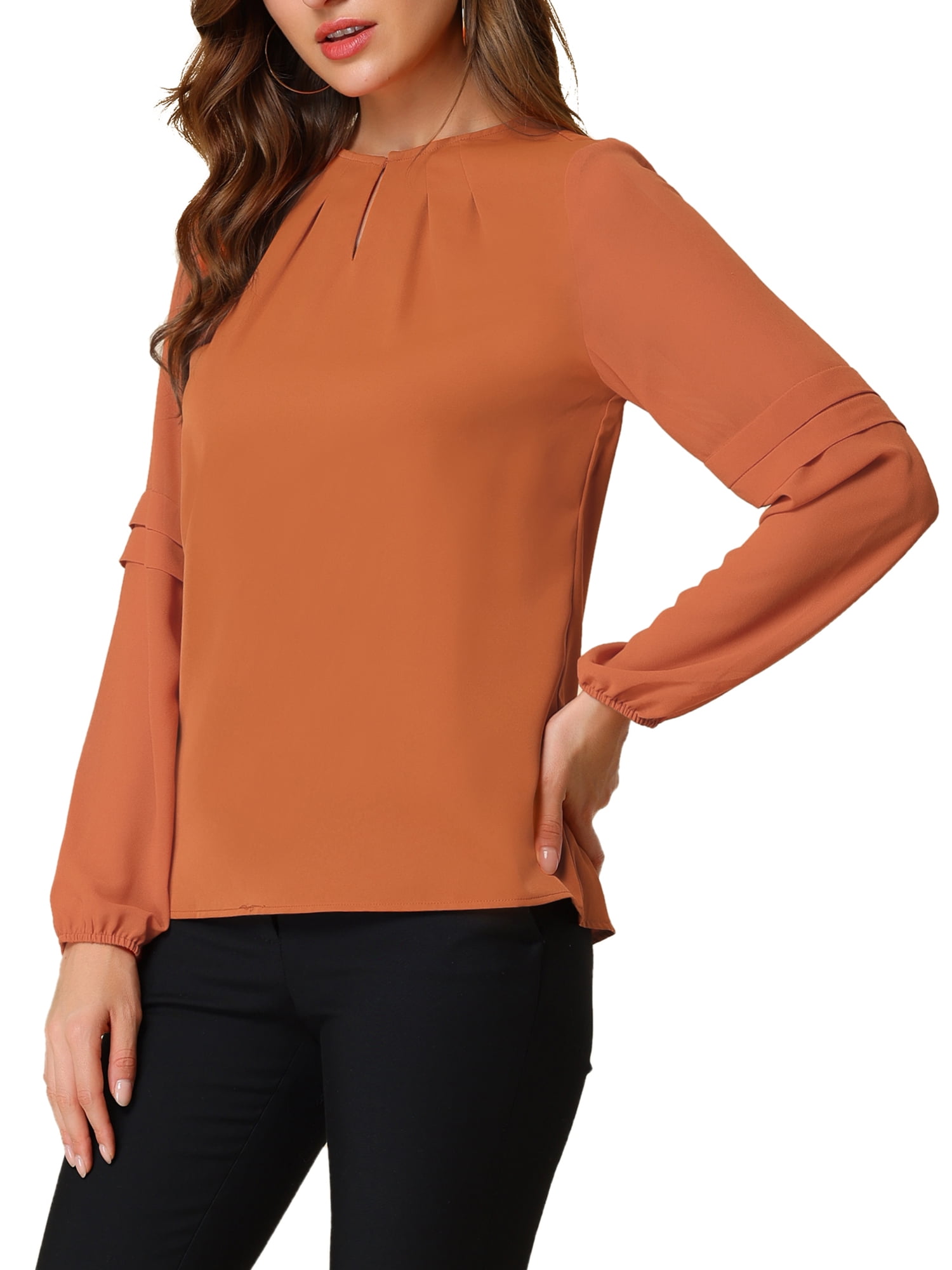 DARING DIVA Chiffon Semi Sheer Long Sleeves Keyhole Neck Blouse S Orange