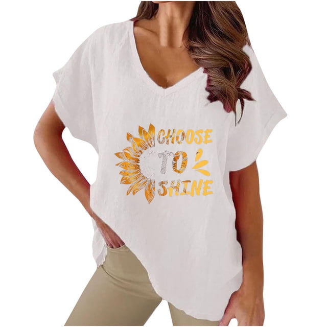 Camiseta de Manga Corta con Cuello en V con Impresión de Girasol, Algodón Casual Y Top de Cáñamo