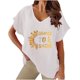 thumbnail image 1 of Camiseta de Manga Corta con Cuello en V con Impresión de Girasol, Algodón Casual Y Top de Cáñamo, 1 of 4
