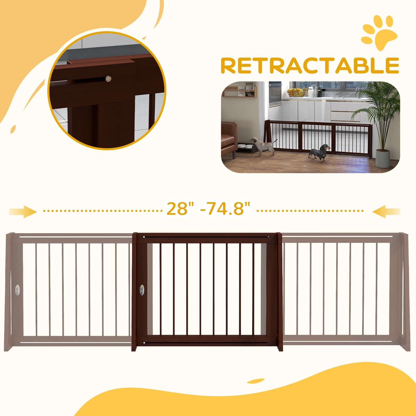 PawHut Freestanding Pet Gate with Retractable Length, 28"-75", Brown