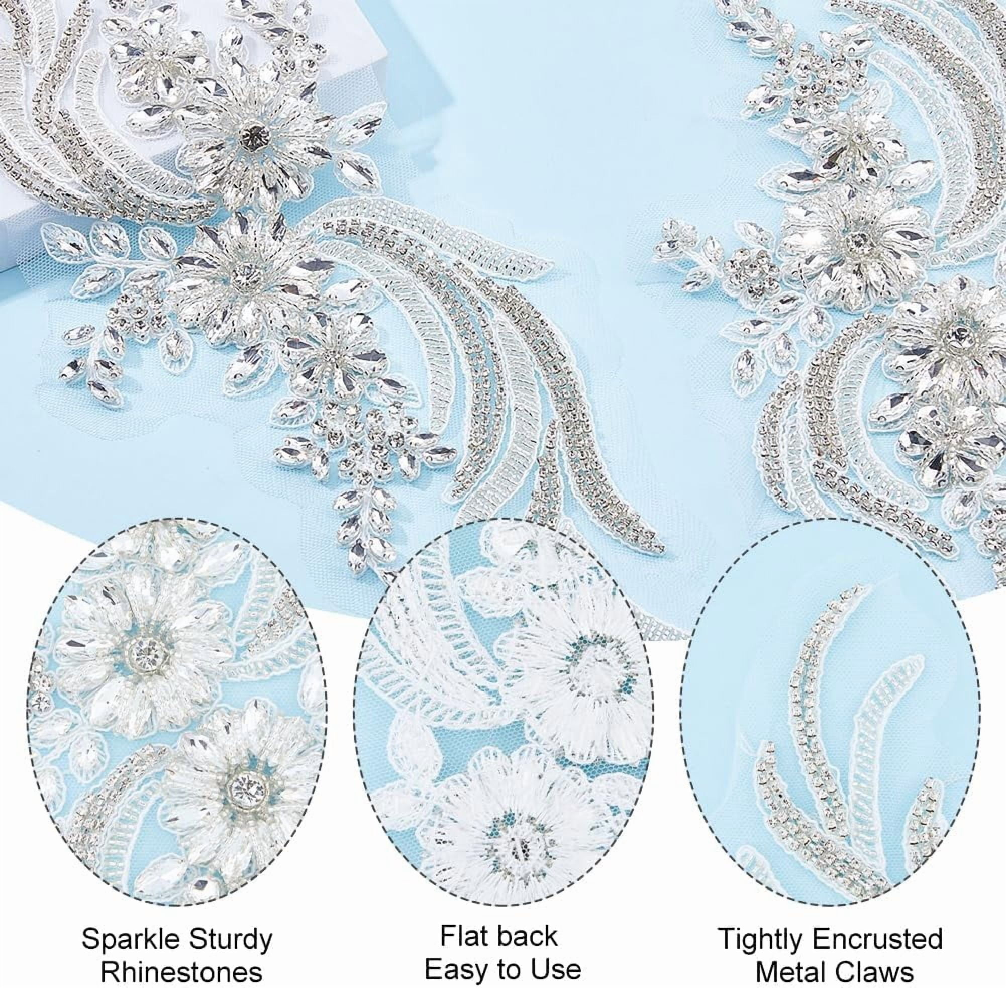 2Pcs Flower Lace Bead Applique Handmade Rhinestones Appliques Embroidery Floral Patch Sewing Beads Trim Patch Sparkly Sequins Beaded Applique for DIY