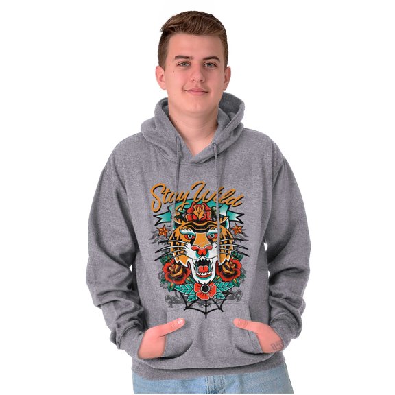 Stay Wild Tiger Head Rose Tattoo Unisex Plus Fleece Graphic Hoodie Brisco Brands 2X