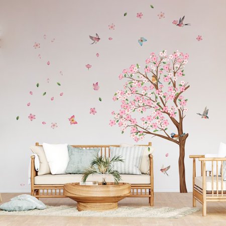 Large peach blossom tree wall stickers, tree and bird stickers, flower wall stickers, animal and flower plant wall stickers Peel and Stick Forest Girl Wall Stickers for Baby Nursery Kids Bedroom Todd