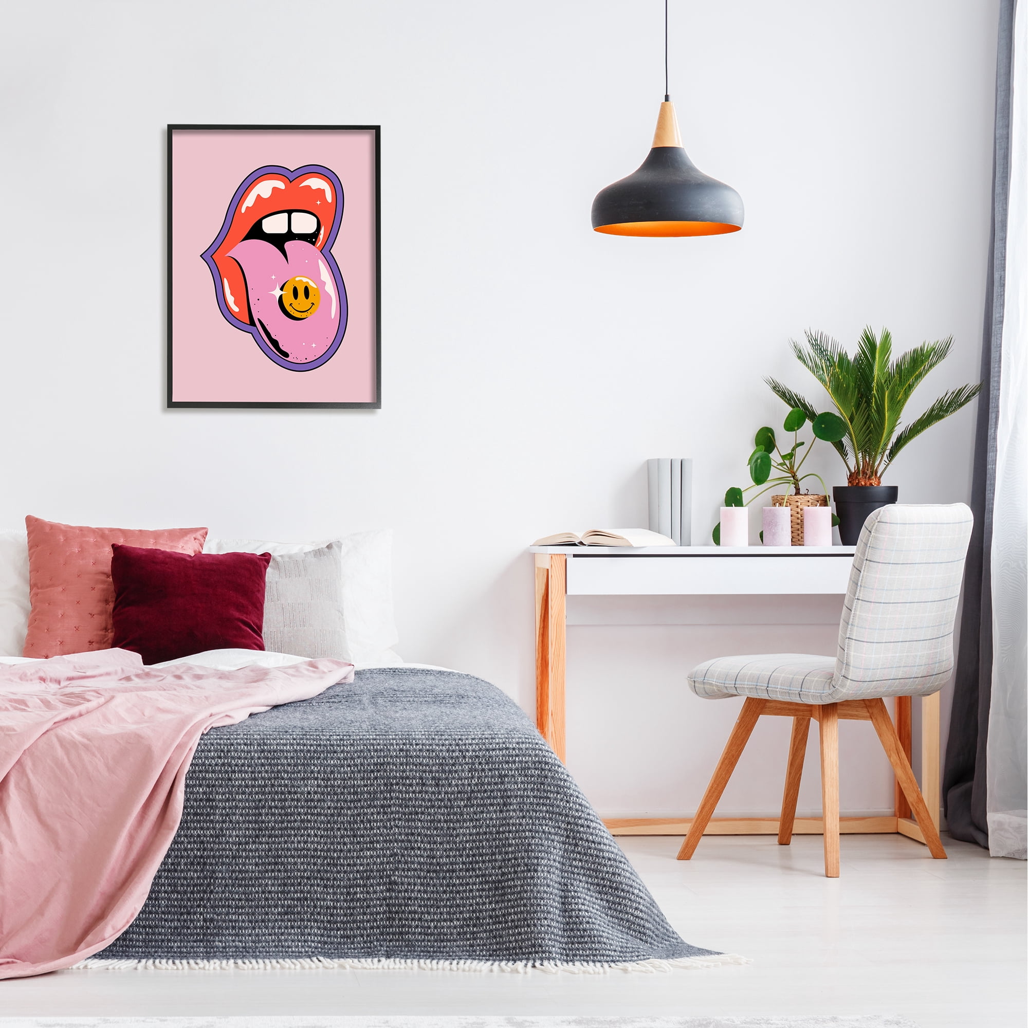 Stupell Industries Retro Lips with Smiley Abstract Painting Black Framed Art Print Wall Art, 24 x 30