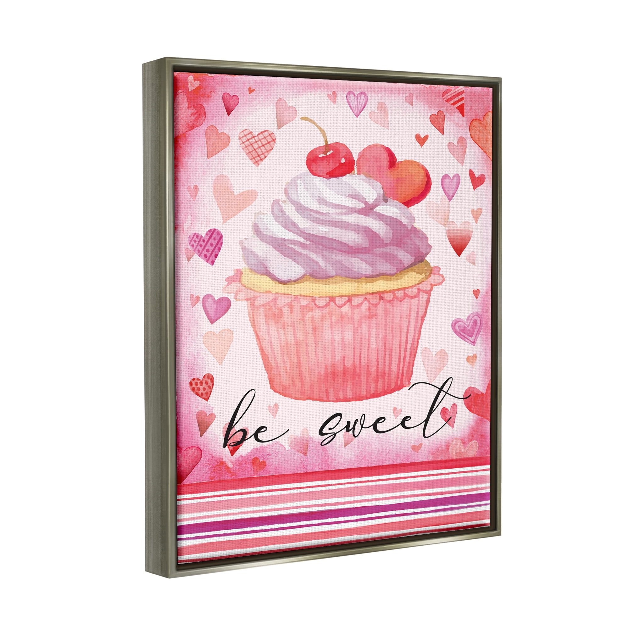 Stupell Be Sweet Romantic Hearts Cupcake Holiday Painting Gray Floater Framed Art Print Wall Art