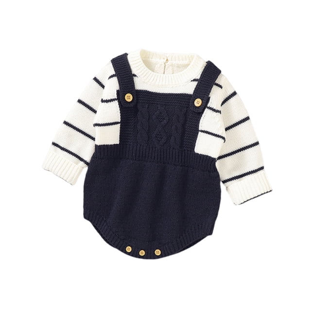 2025 Tout-Petit Bébé Fille Garçon Rayé Tricot Chandail Barboteuse Col Rond Manches Longues Combinaison Automne Hiver Vêtements Chauds Bleu Foncé