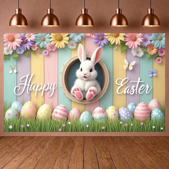Pastel Color Easter Banner Floral Design Bunny Backdrop Bunny Pattern Easter Egg Print Spring Celebration Banner for Easter Party Spring Celebration Family Gathering