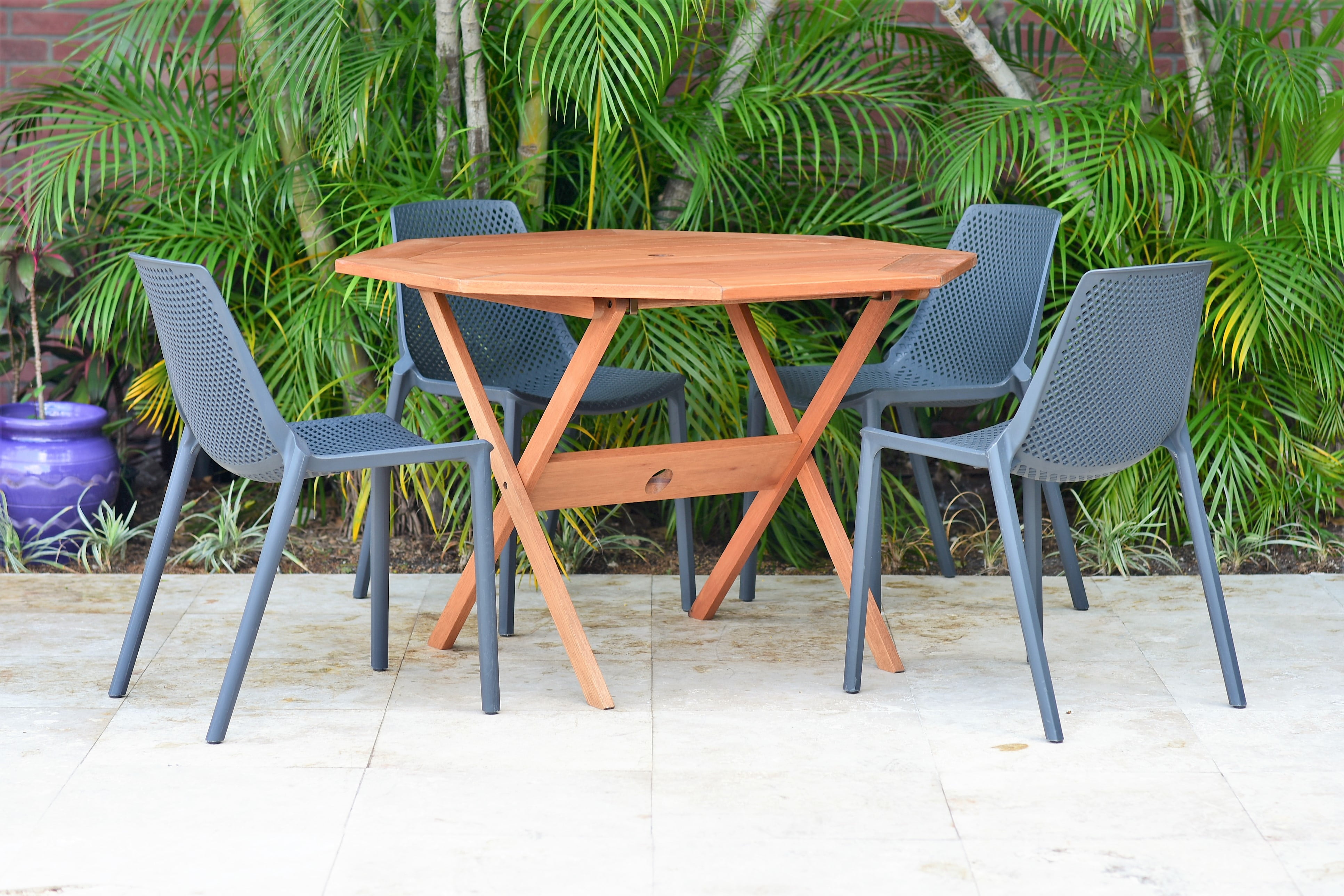 Amazonia Saralegui Wood 5 Pieces Octogonal Patio Dining Set, Gray