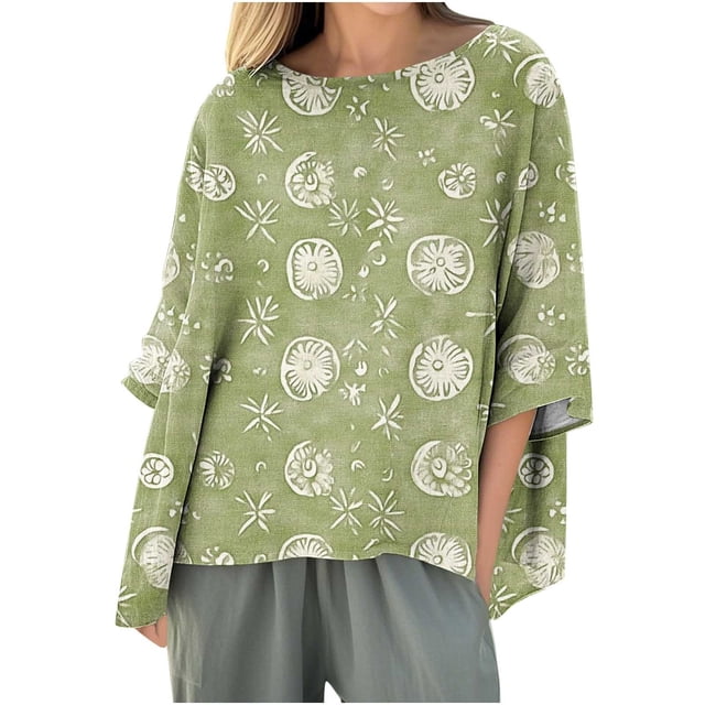Chandail à Capuche Oversize pour Femmes, Chandail Imprimé Décontracté à Manches 3/4, Col Rond en Lin, Chandail en Molleton Grande Taille Multicolore