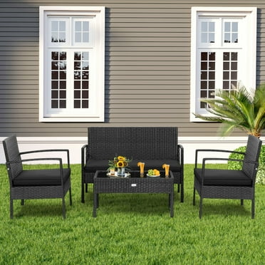 Gymax 4PCS Rattan Patio Conversation Set Outdoor Wicker Furniture Set w/ Cushions